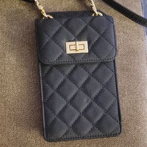 Chic Black Quilted Phone Pouch with Gold Accents